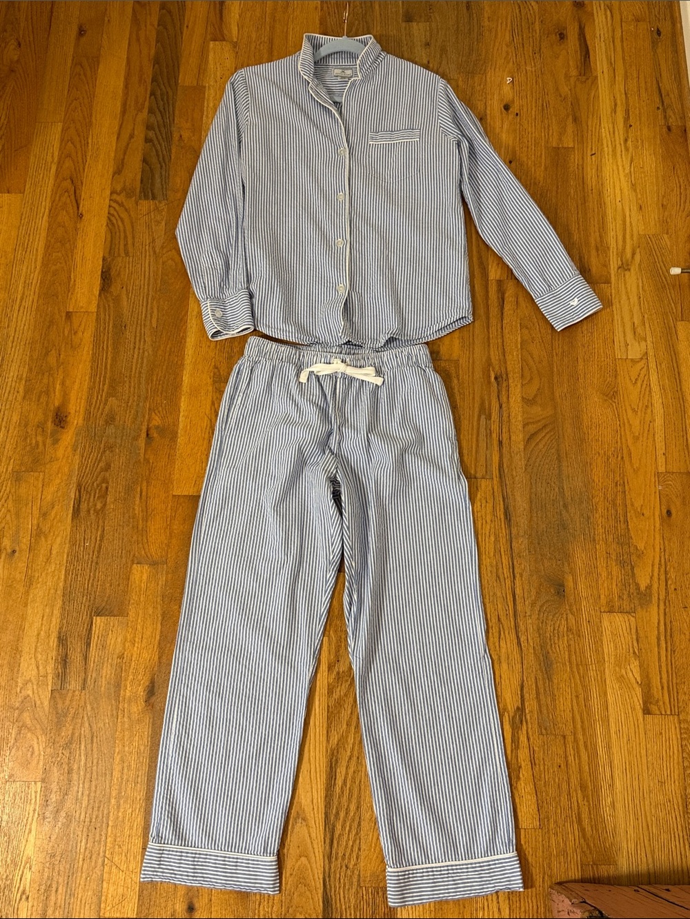 Women's Twill Pajama Set in French Blue Heritage Stripe, small, Petite Plume